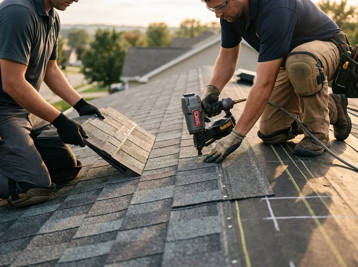 Professional roofer working on a residential roof in Oceola